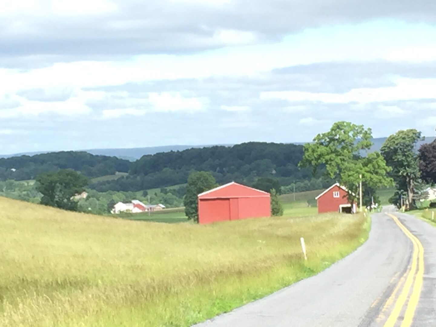 Country road with red barns and rolling green hills under a cloudy sky.