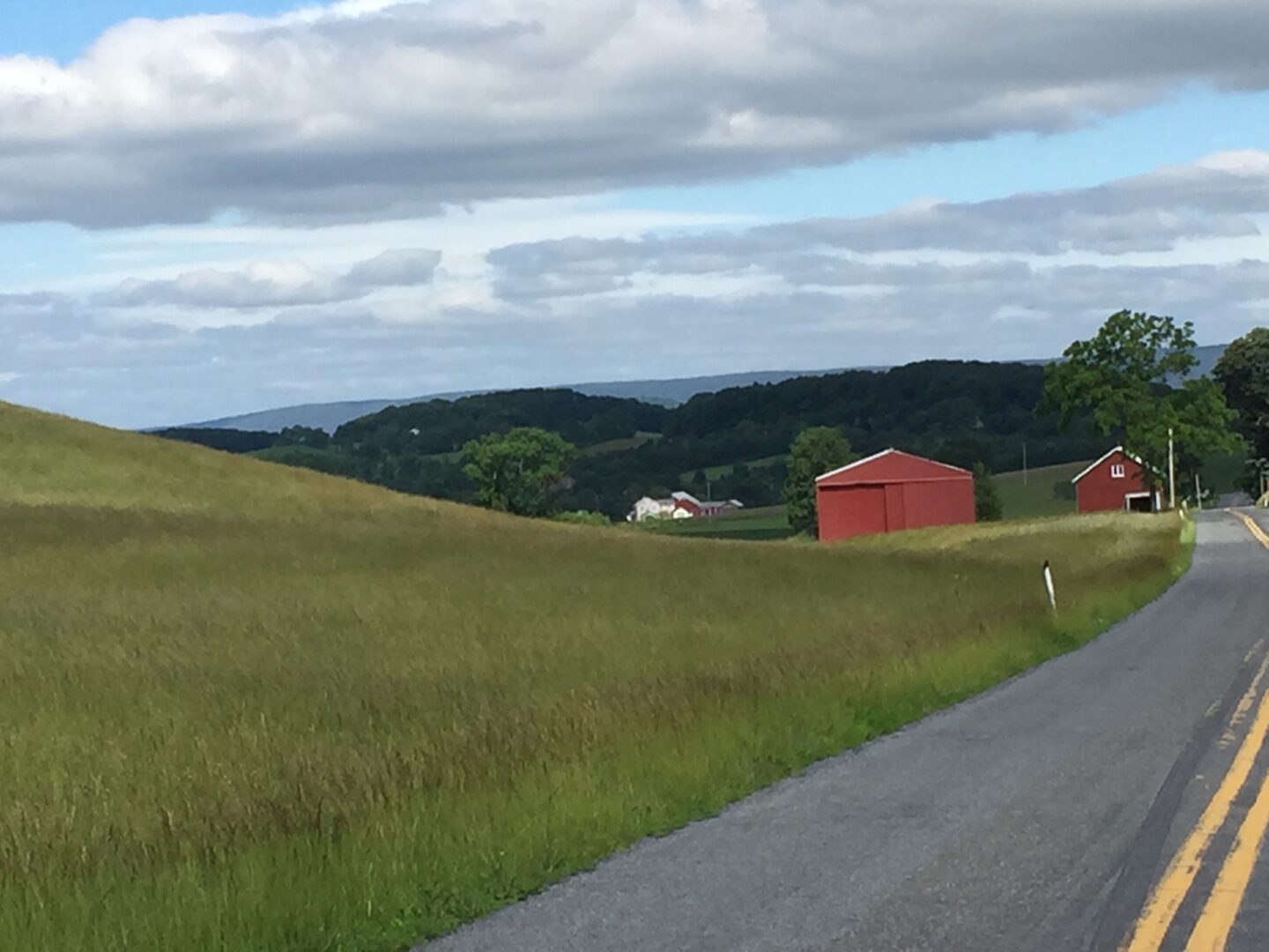 A rural road beside green fields with red barns under a cloudy sky.