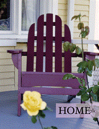 Adirondack chair painted purple with a yellow rose.
