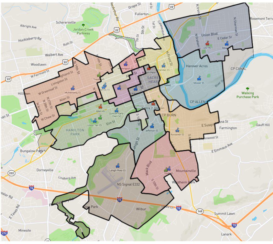 Color-coded map showing different district boundaries in a city.
