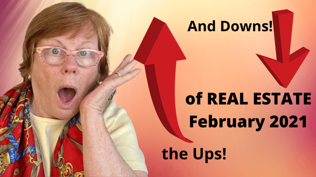 Surprised woman with real estate arrows.