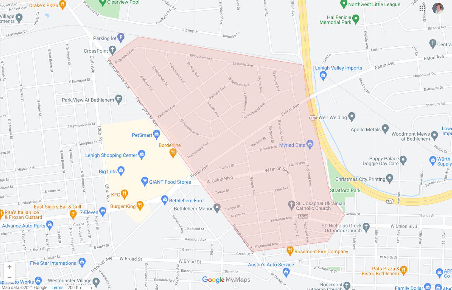 Map highlighting a neighborhood with marked locations and streets.